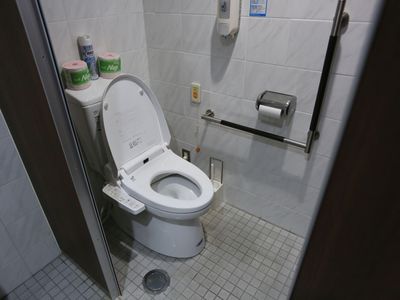 グレーを基調としたトイレスペースである。横の壁にはＬ型の手すりを取り付け、ナースコールを設置している。
