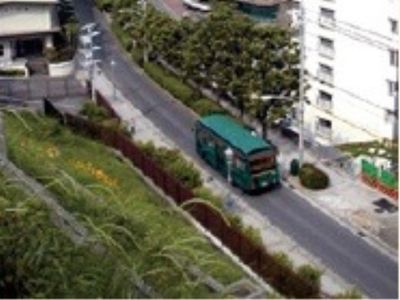 一車線道路に緑色のバスが走っている。歩道が整備されており、街路樹が植えられている。片側は斜面で歩道の近くにフェンスが立てられている。