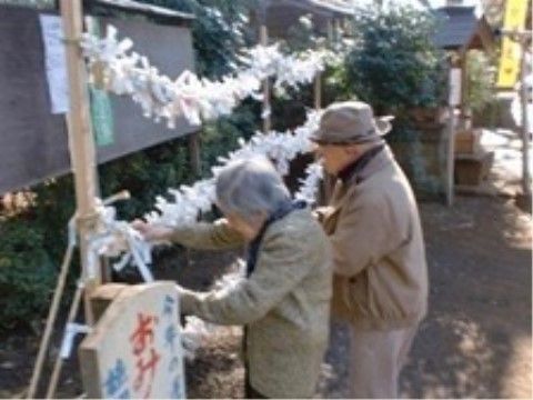 植込みの前に設けられた結び所に、おみくじを結び付けている高齢の男女