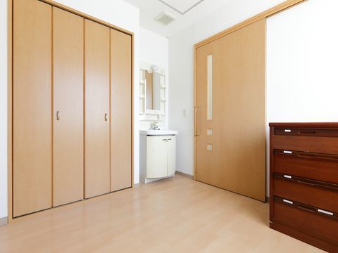 出入口に入って右側に洗面化粧台が設置してある。また、木目調の建具の使用で温かみのある部屋となっている。