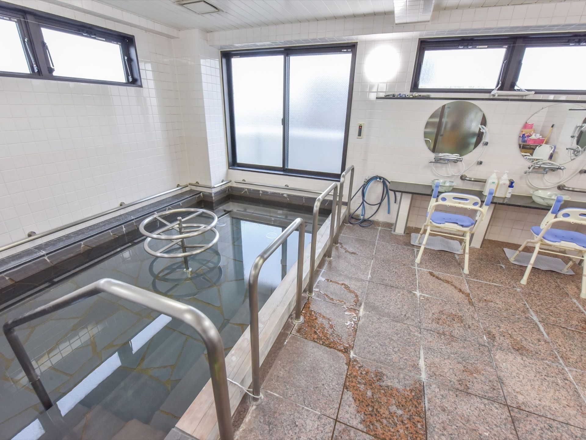 浴室の壁際には広い面積の浴槽があり、手すりが周辺につけられている。シャワーエリアには２つのイスが置かれている。