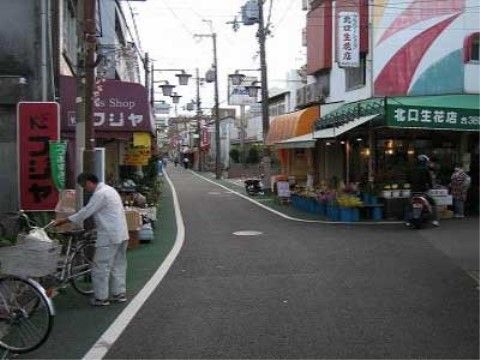細い道路の両側に、生花店などいろいろな店がある商店街