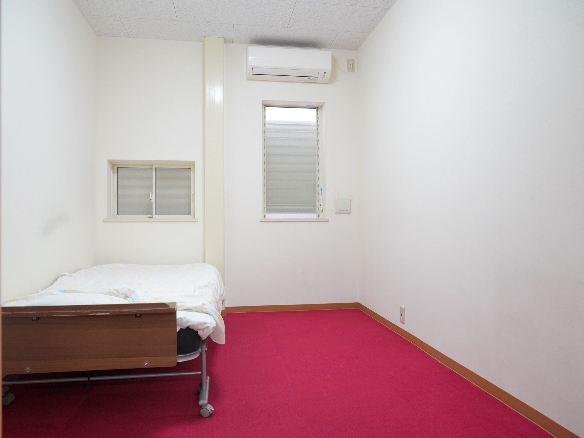 ワインレッドのカーペットが敷かれた部屋がある。エアコンが設置されており、電動ベッドが一台置かれている。