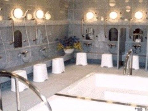 シャワーが並んでいる。それぞれに椅子、鏡、照明がひとつずつ設置されている。浴場のすみには花が置かれている。
