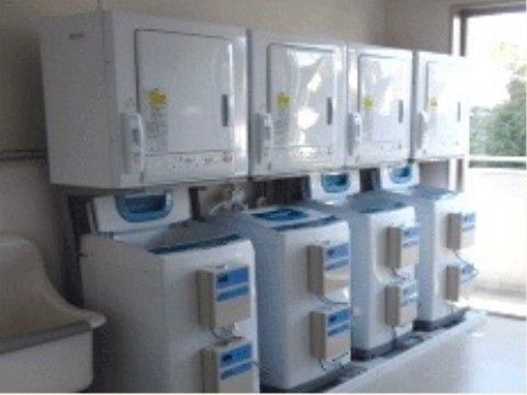 縦型洗濯機と乾燥機がセットで４台ずつ並んでいる。洗い場がある。奥に窓があり、室内は明るくなっている。