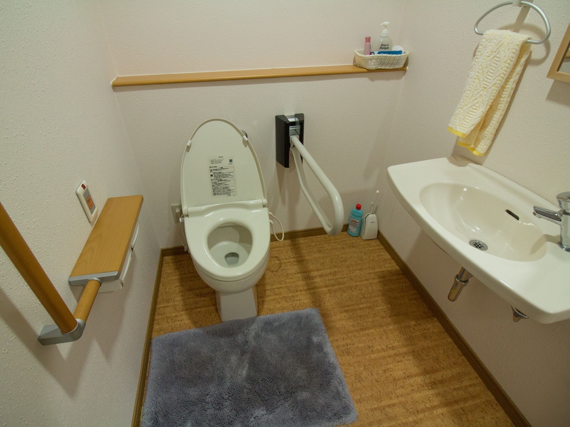 洋式のトイレが設置されており、カーペットも敷かれている。壁には手すりが備えつけられており、反対側には洗面台と鏡がある。