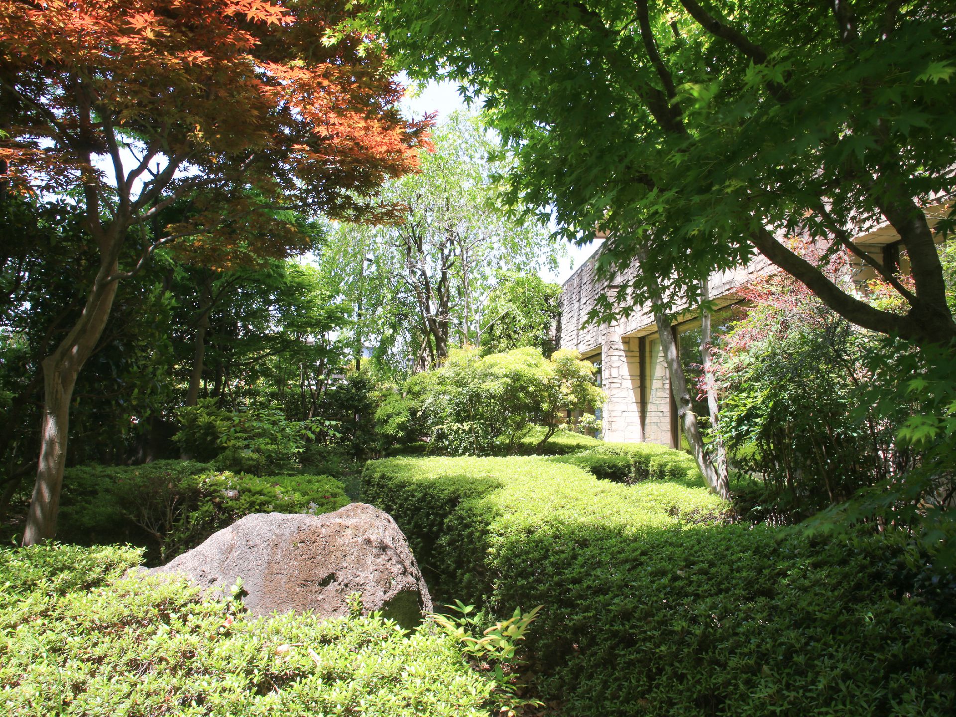 建物の外は、木や植物が植えられており、緑豊かな空間となっている。小道もあるため、散歩することも可能。