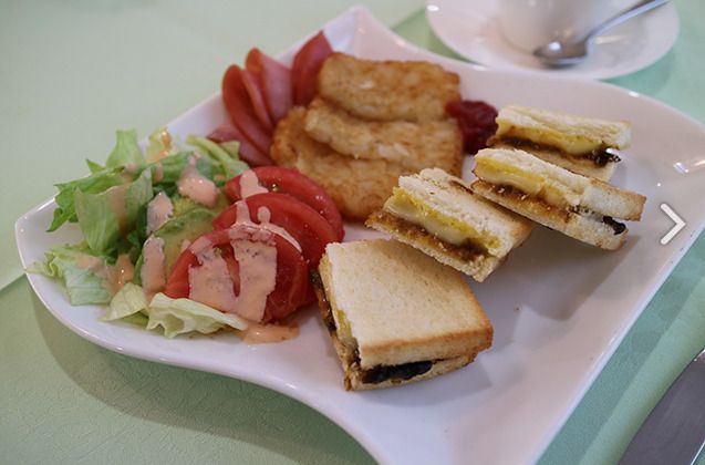 トマトとレタスのサラダと揚げ物とサンドのセット
