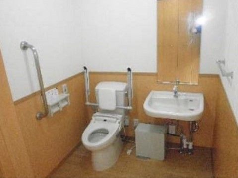 明るいトイレの洗面台には大判で縦長の鏡が設置されている。姿見として使用でき、直立の状態で全体を見ることができる。