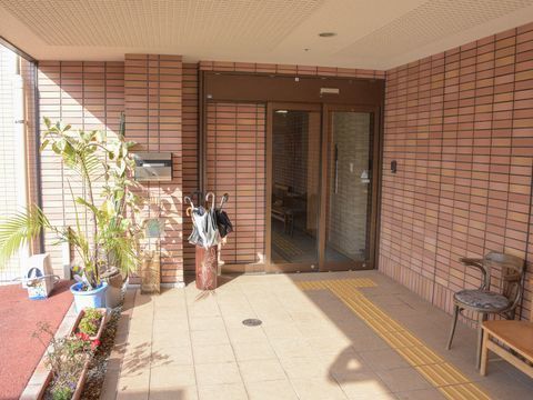 傘立ての横に、葉っぱがたくさんある観葉植物が置かれている玄関前