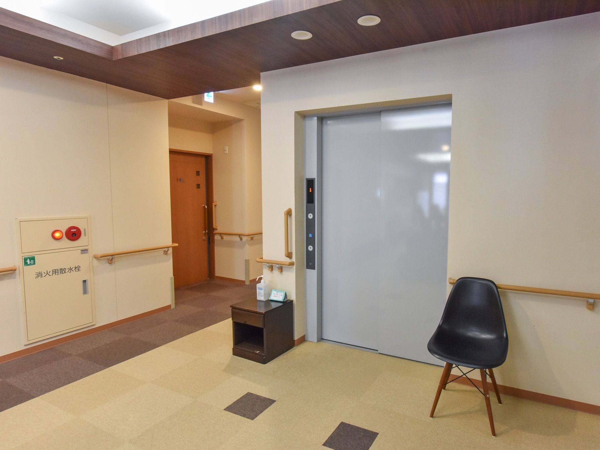薄い水色の扉のエレベーター。通路の向かい側にトイレがある。床に落ち着いた色合いのカーペットが敷いてある。