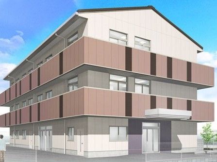 ツートンカラーの建物の外観パース。マンション風のデザインの建物