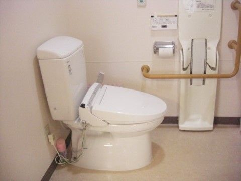 トイレは、白を基調とした内装となっている。壁には、立ち上がる際に便利な茶色い手すりが取りつけられている。