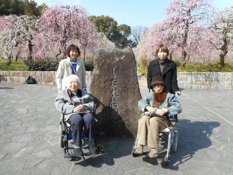 梅の花が咲く前でにこやかに笑う、車椅子に乗った入居者様とスタッフ