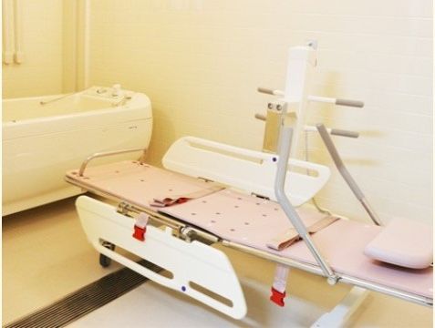 手前に、枕やハンドルの付いたピンク色の台のストレッチャー型の機械があり、奥には大型の浴槽が置かれている。