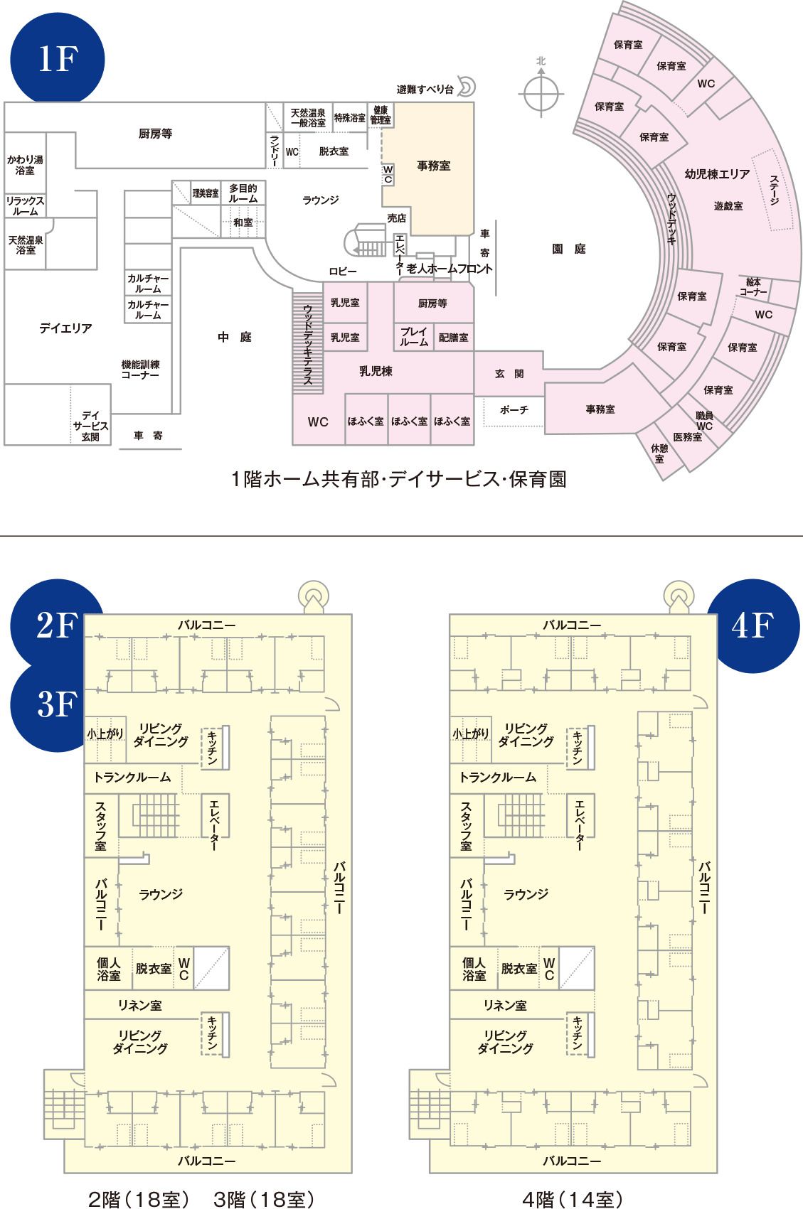 スローライフもんぜんの1～4Ｆのフロアマップ