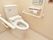 温水洗浄付きトイレである。呼び出しボタンが設置されている。固定式と可動式の手すりがある。白い床と壁で明るい。