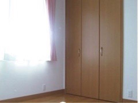 居室の一方の壁には、床のフローリングの色と同じような色の木製の扉がついた作りつけのクローゼットがある。