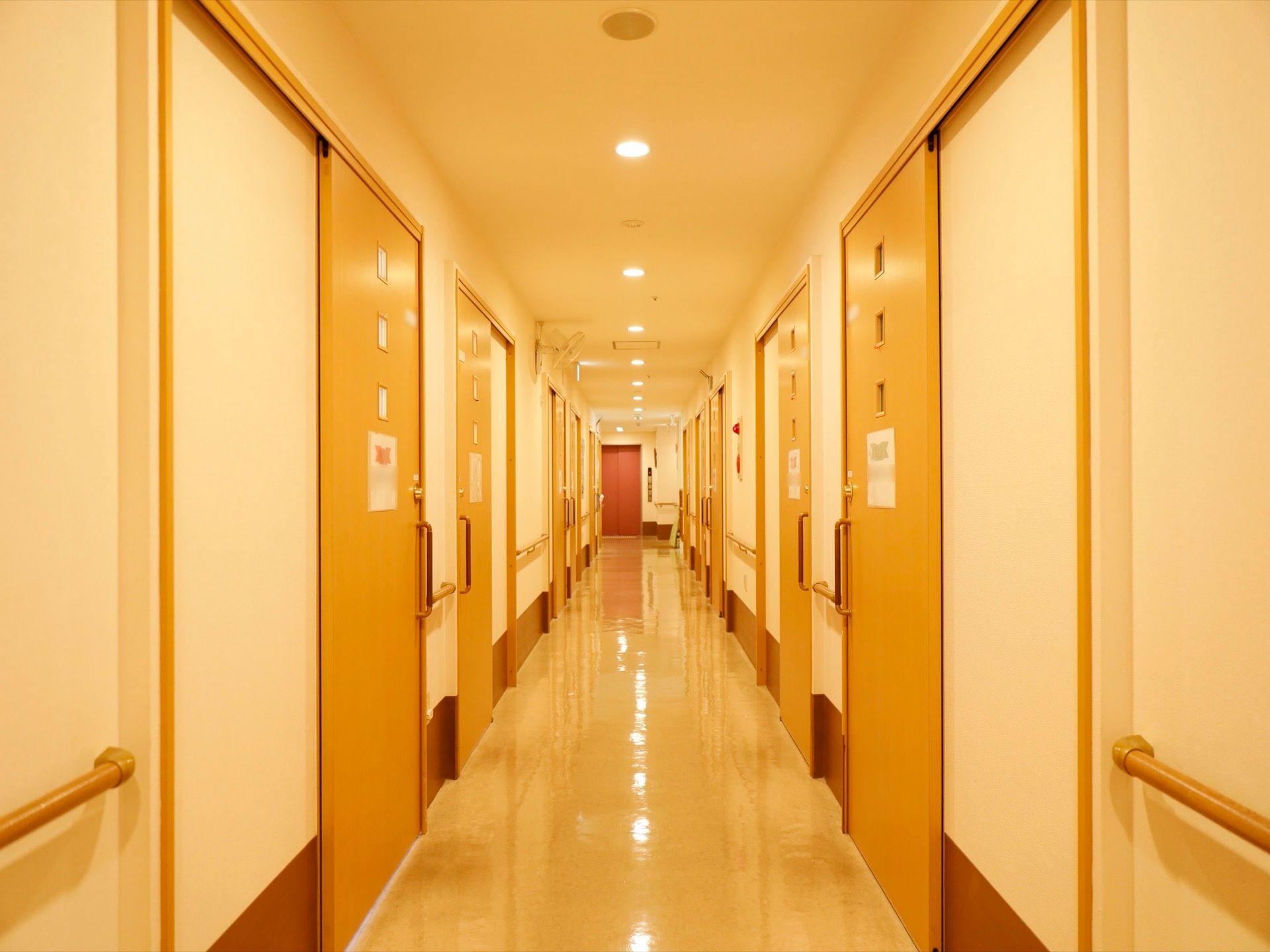 廊下は暖色系の色で統一されている。居室入口以外の部分には手すりが設置されている。床面はきれいに磨かれている。
