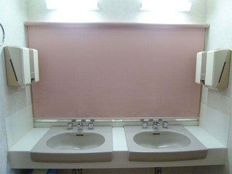 ロールカーテンが鏡に付いた洗面所。洗面台は2つ並んでいて、車いす対応の造り。