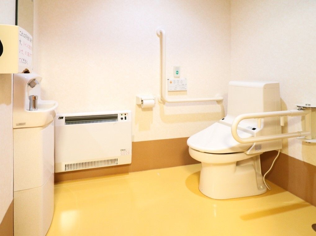 両サイドに手すりが付いた広いトイレ。壁にはヒーターが付き、シンプルな手洗い場所もあり、手洗い場の横にはペーパータオルが設置されている。