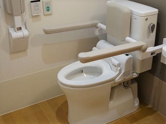 呼び出しボタンがついたトイレには可動式のバーがあり、便座にも手すりと背もたれが付き、フローリングで介助スペースも広い。