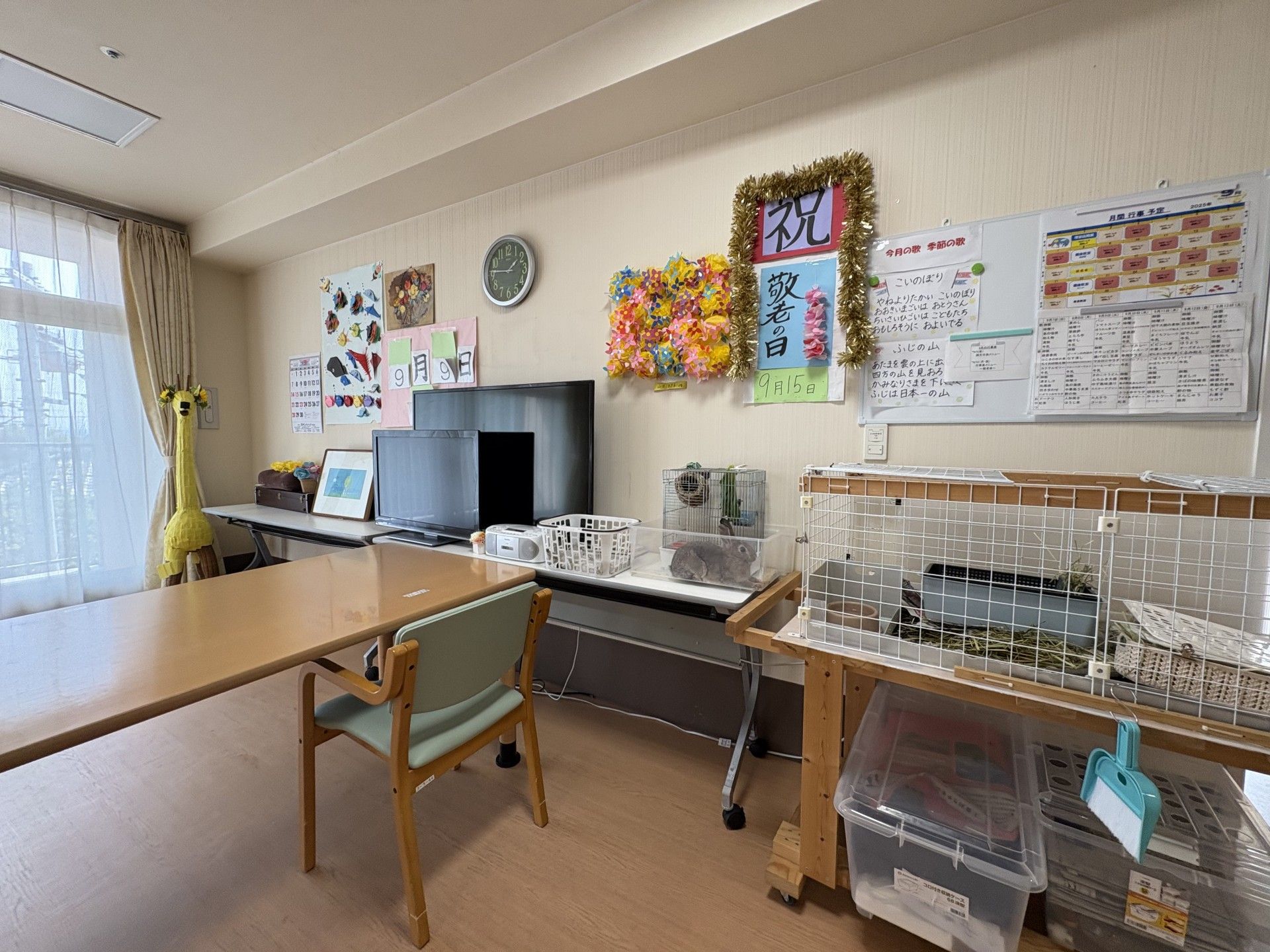 動物と掲示物のある部屋