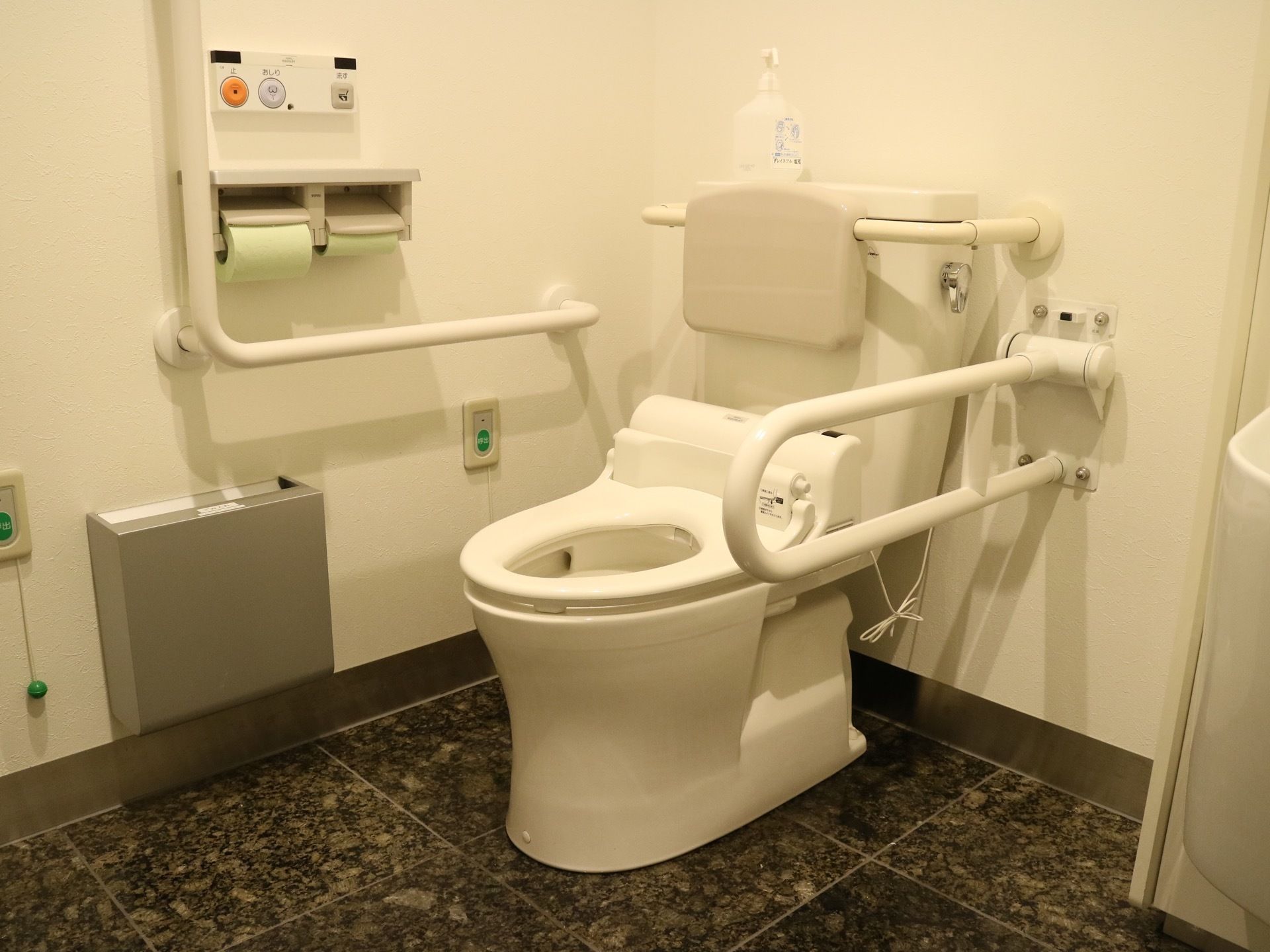 個室の中央に洋式トイレがあり、タンクに背もたれのパットが取り付けられている。壁には手すりが設置されている。