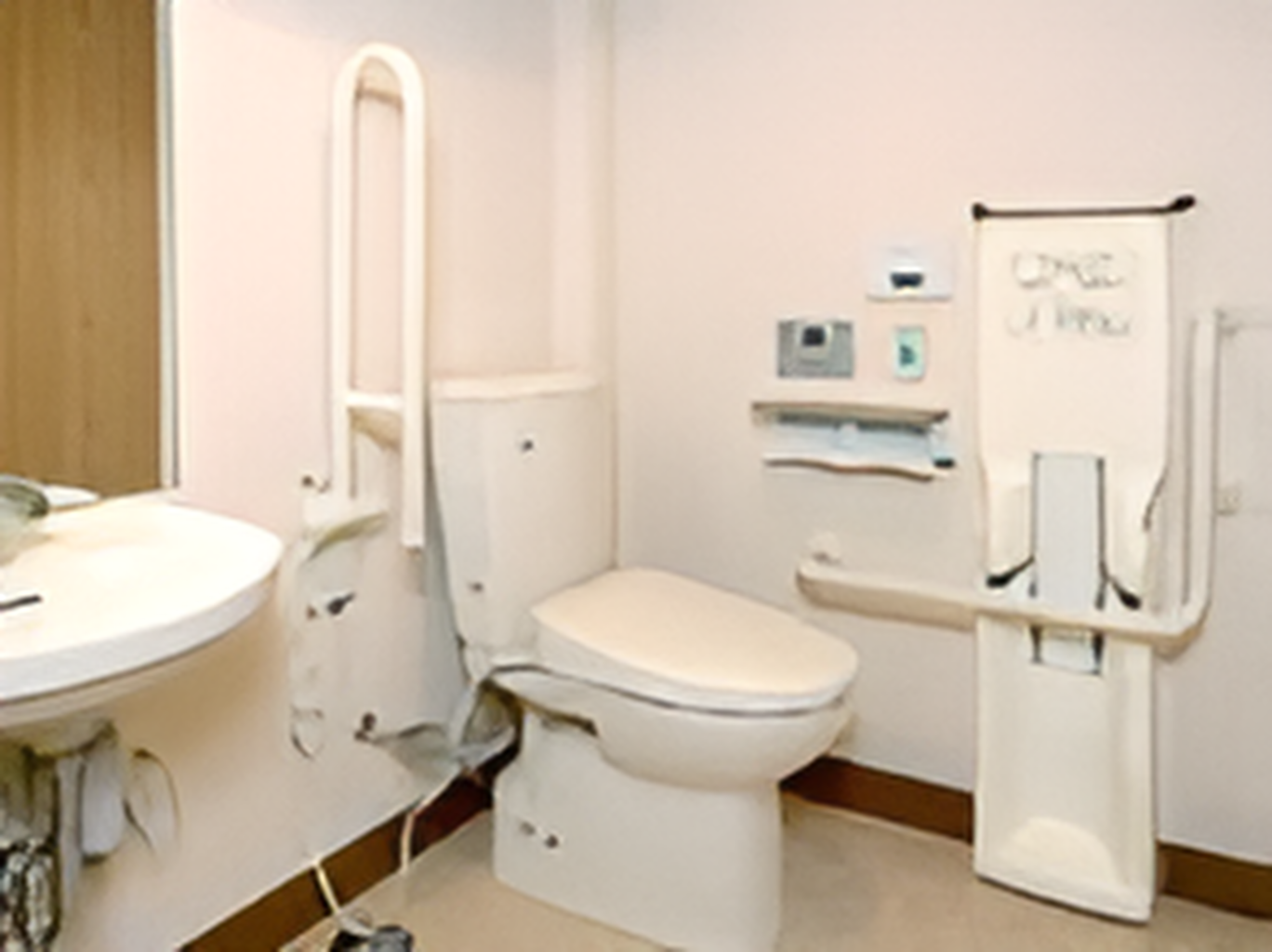 広いトイレには緑の呼び出しボタンや手すりが付き、鏡が設置された手洗い場がある。