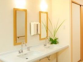 グリーンが添えられた洗面所は二つ並んでいて、木製の枠が付いた鏡も設置されている。