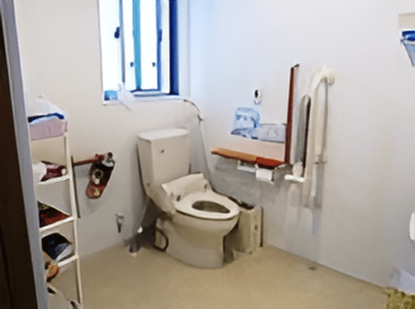 手すりと緊急コールがついている施設内のトイレの様子。車いすでも入れるトイレ