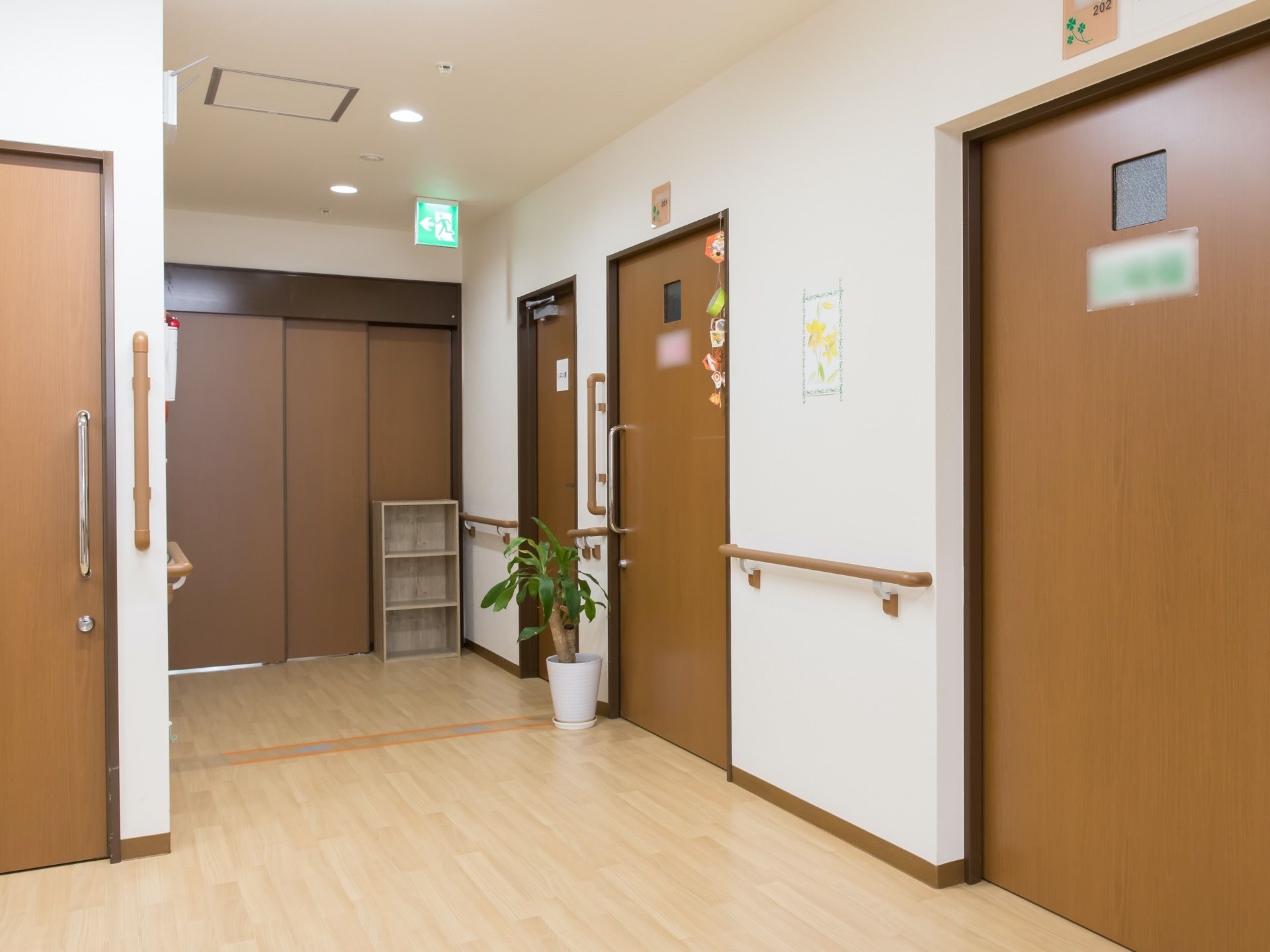 居室前の通路には、手すりが壁に設置されている。観葉植物が置かれており、天井には非常口誘導灯が設置されている。