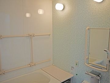 呼び出しボタンやシャワーが付いた浴室にはベンチも置かれ、大きな鏡も付いている。