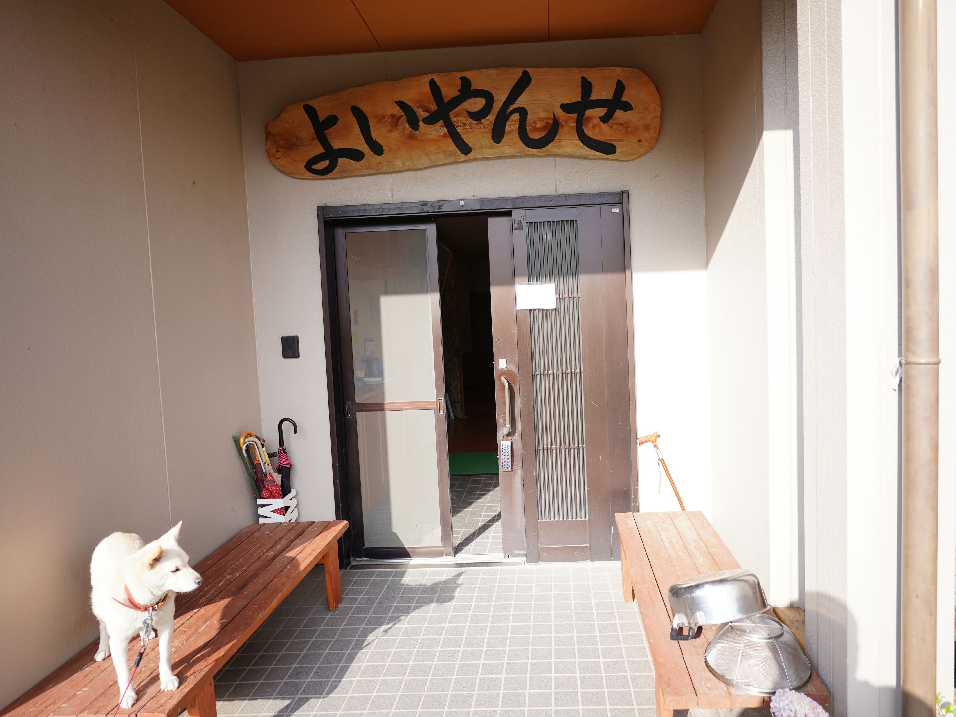 車いすの高齢者と手を握りながら話す介護スタッフの様子。施設内での会話の場面