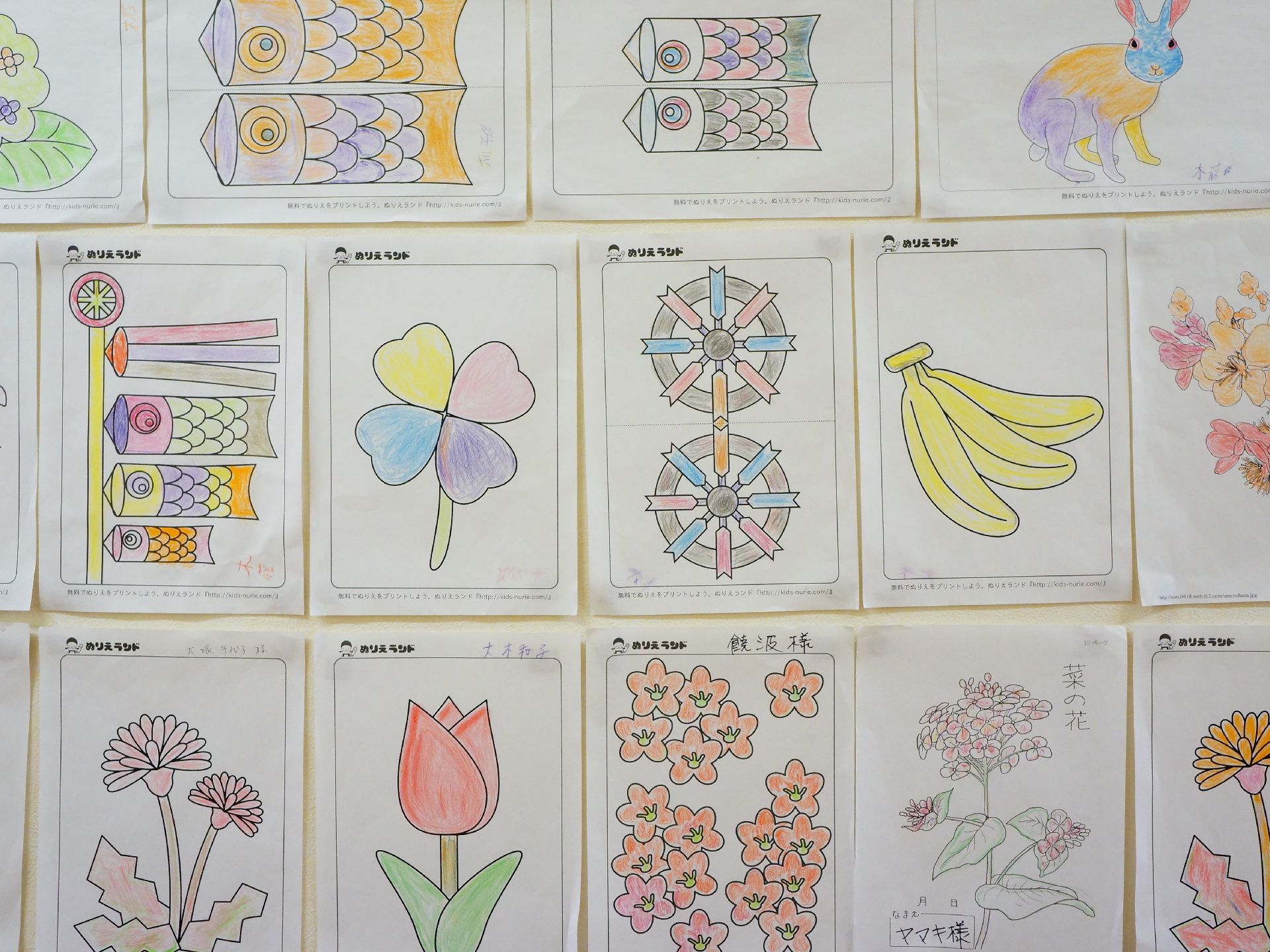 利用者が手掛けた塗り絵。実際にある色を塗る人もいれば、好きな色を塗る人もいる。楽しみながら脳を働かせる活動として有効。
