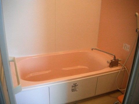 白を基調とし、きれいに磨かれた大きめの浴槽が特徴的な浴室である。シャワーの手前には、介護用の入浴椅子が用意されている。