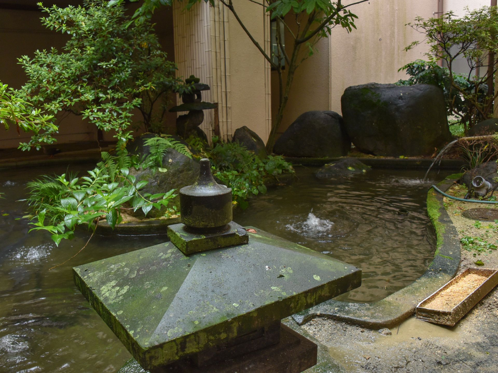 日本庭園が造られている。真ん中は大きな池になっている。池の中には島があり、植木の枝が茂っている。庭園の手前に石灯篭がある。
