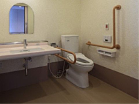 便器の両脇に手すりが設置されており、トイレットペーパーホルダーは２つ用意されている。洗面台は個室内に設けられているため、衛生的である。