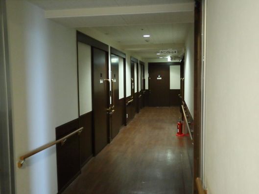 濃い色の建具が採用された廊下