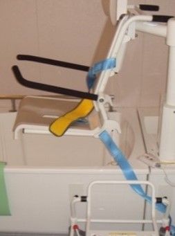 浴槽に設置されている椅子に座ったまま入浴することができる介護用の特別な浴槽である。自動で上下する。
