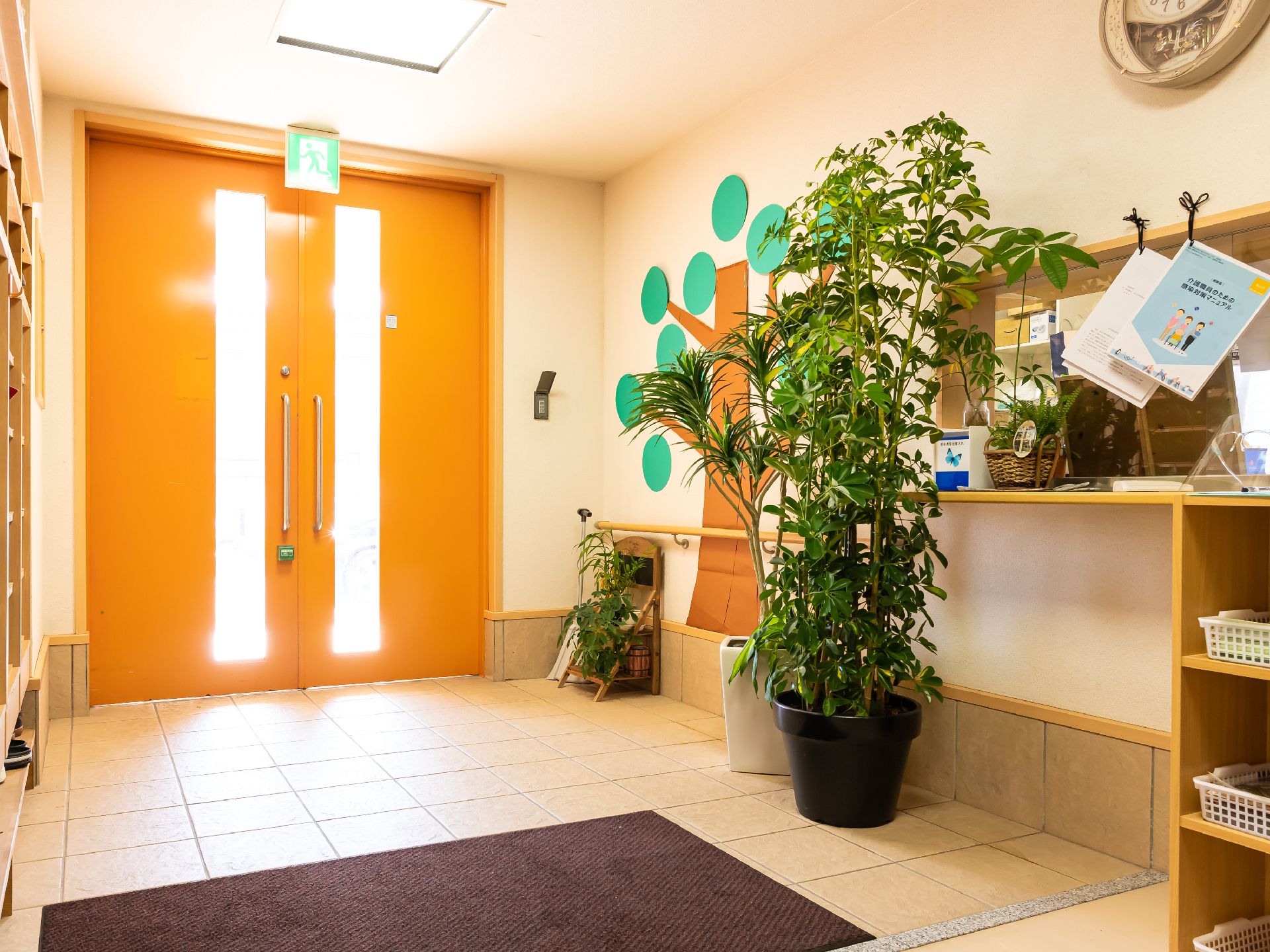 受付や観葉植物が設置されている玄関