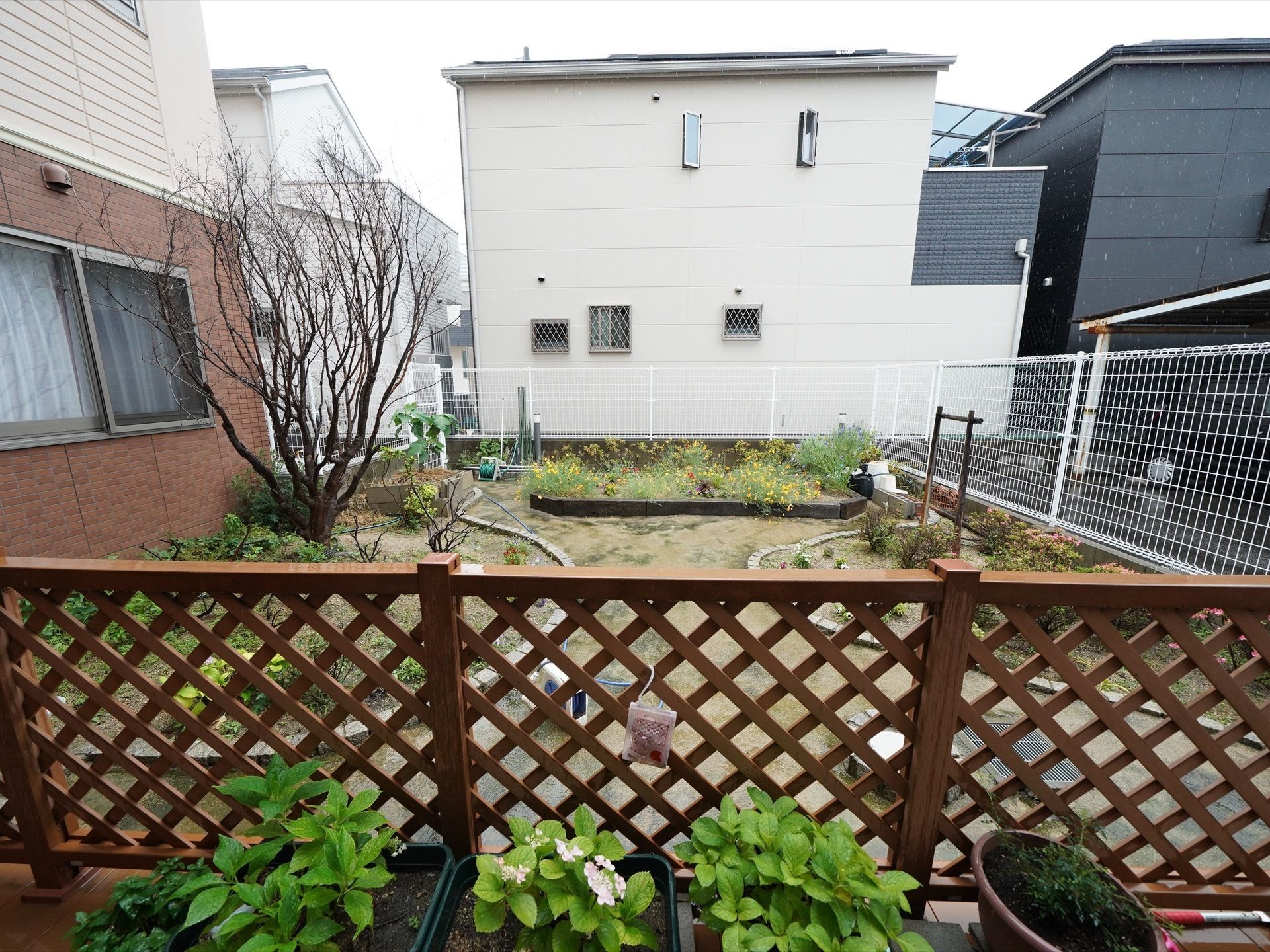 建物とフェンスの間に庭がある。各所にブロックで囲った花壇を設け、背の高い樹やさまざまな植物を育てている。