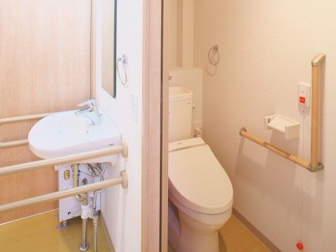 トイレと、鏡付きの洗面所が壁で仕切られている。便座横にはＬ字型手すりとナースコールがあり、洗面台周りにも手すりがしっかり設置されている。