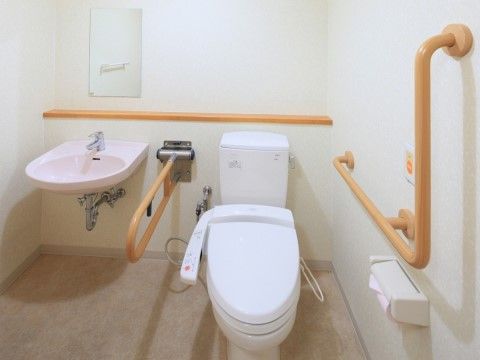 便器には温水洗浄便座の操作ボタンが取り付けられている。便器の背中側の壁には物が置ける台と鏡が設置されている。