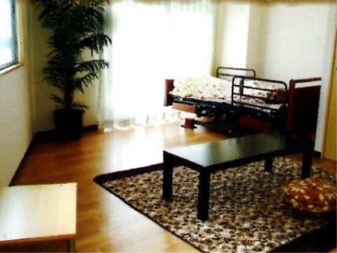 大きな窓から陽射しが差し込む、観葉植物やベッド・座卓などが置かれている居住スペース