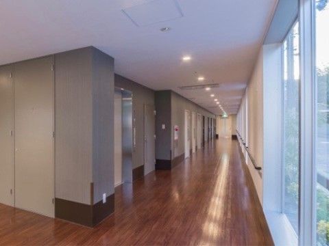 ガラス窓から入る日差しが、廊下全体を明るくしている。外の景色も垣間見え、四季の移り変わりも楽しめる。