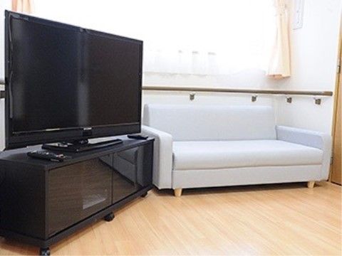 フローリングの床には広めのソファと大型テレビが設置されている。壁には大きな窓があり、手すりが設けられている。