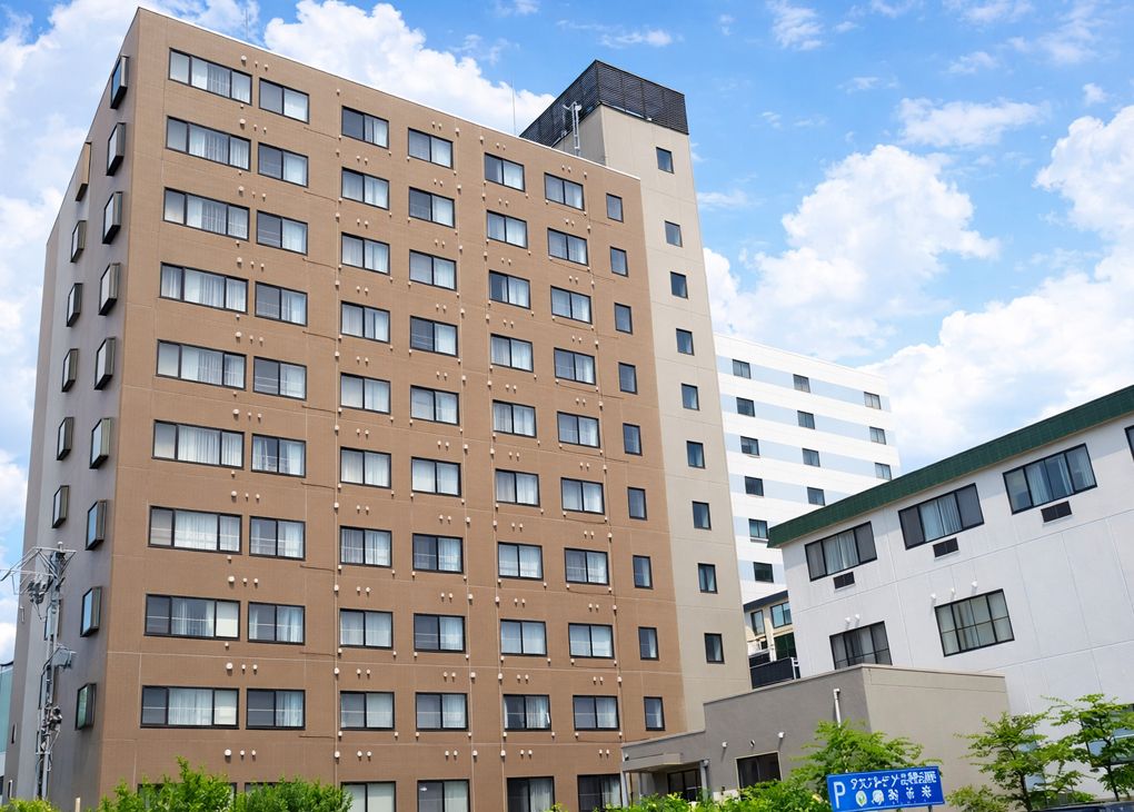 駐車場も備わった、周りに木々が植えられている10階建ての大きな建物