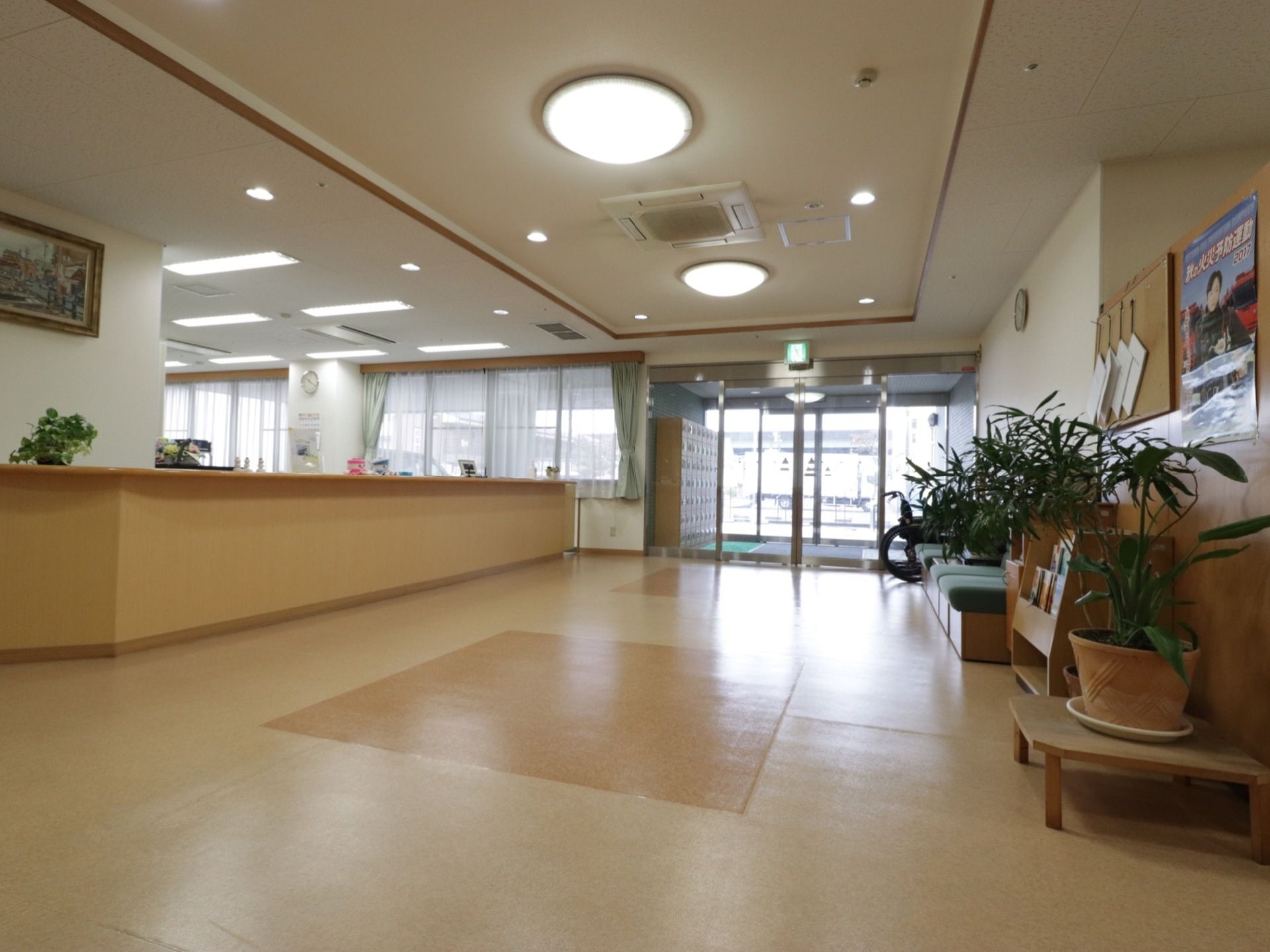 ベージュ色の床は隅々まで清潔に保たれており、外光で輝いている。茶色の植木鉢に入った植物は、緑の葉っぱが生い茂っている。