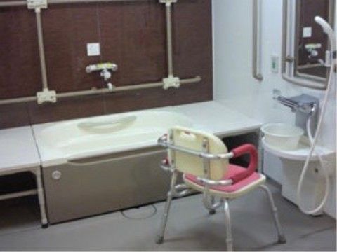 浴槽の横の壁と鏡の横に手すりが設置されている。背もたれのあるシャワー椅子の高さでも使いやすい高さにカウンターがある。